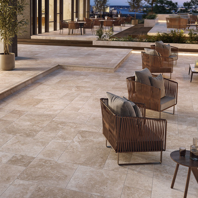 Porcelain Pavers and Tile Landmark™ Travertine Crosscut White Rooftop Patio